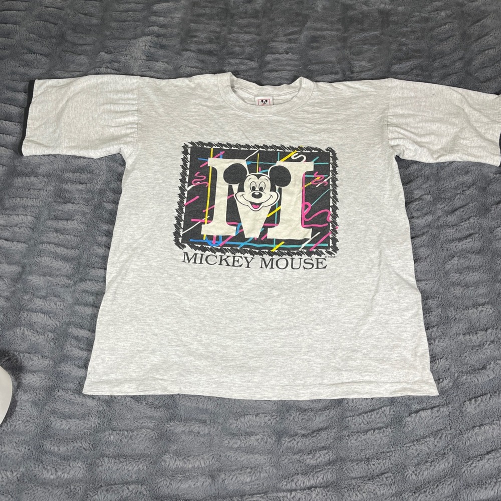 Vintage 90s Disney Wear Mickey Mouse Neon Graphic T-Shirt Gray Large Made in USA